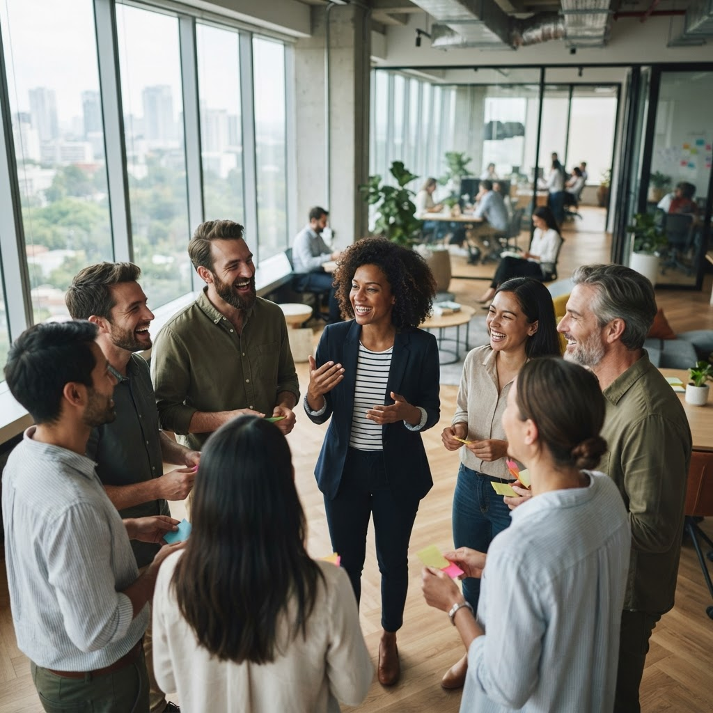 Een team werkt samen tijdens een teambuildingsessie op kantoor